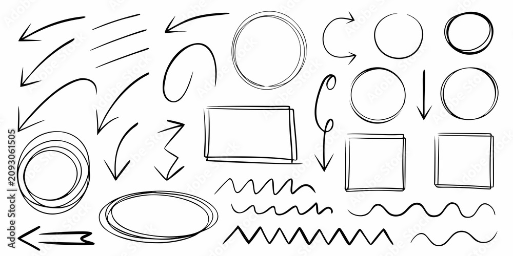 Naklejka premium hand drawn sketch elements featuring arrows circles and rectangles hand drawn illustration black white line art vector icon symbol graphic