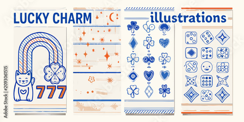 Cuadro en lienzo lucky charm illustrations in playful blue and orange rainbow cat clover dice sta
