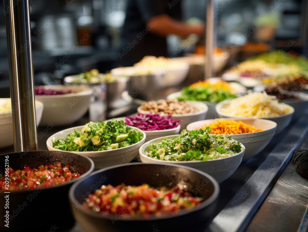 Obraz premium A colorful salad bar buffet featuring fresh vegetables and toppings in bowls. Healthy eating choice for.