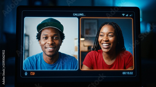 Deep fake video call on a computer screen with two smiling people