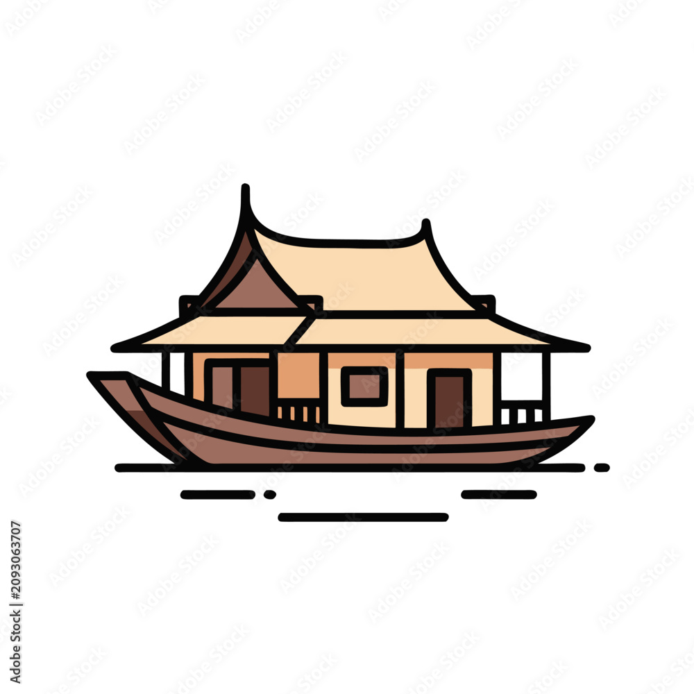 Fototapeta premium Traditional houseboat on water flat line icon for travel and cultural tourism concepts