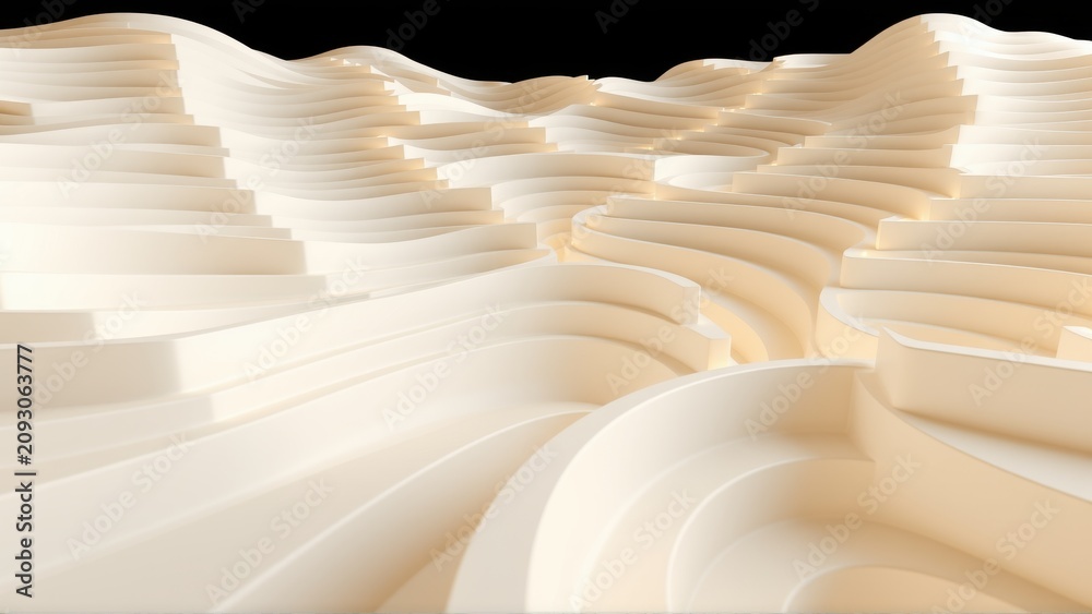 Fototapeta premium Abstract layered structure. Beige tones create flowing, undulating forms. Minimalist design evokes modern architecture, smooth surfaces.