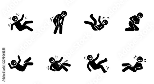 Quadro su tela Stick Figure Falling Icons, Accident and Injury Vector Set, Danger and Risk Symb