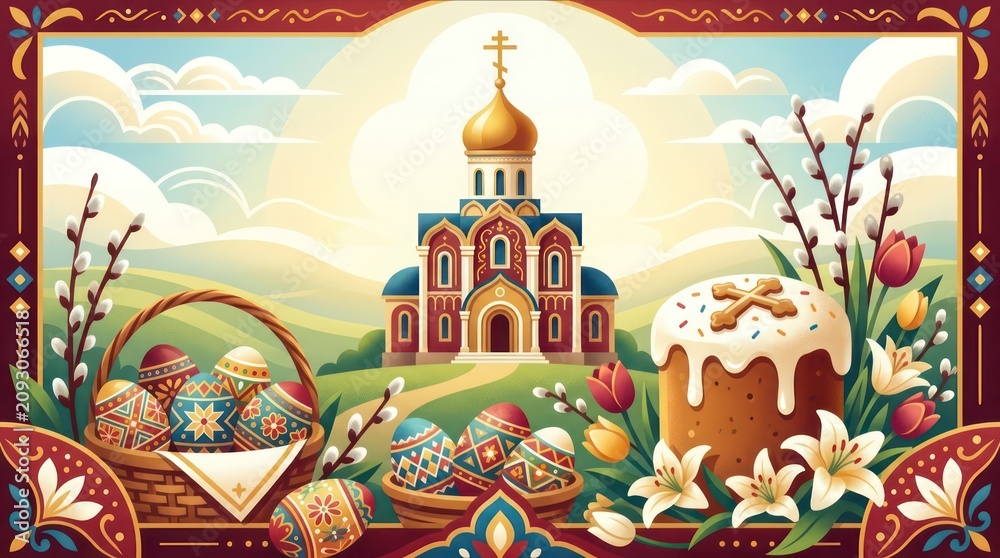 Obraz premium Orthodox Easter celebration illustration with church and traditional food.