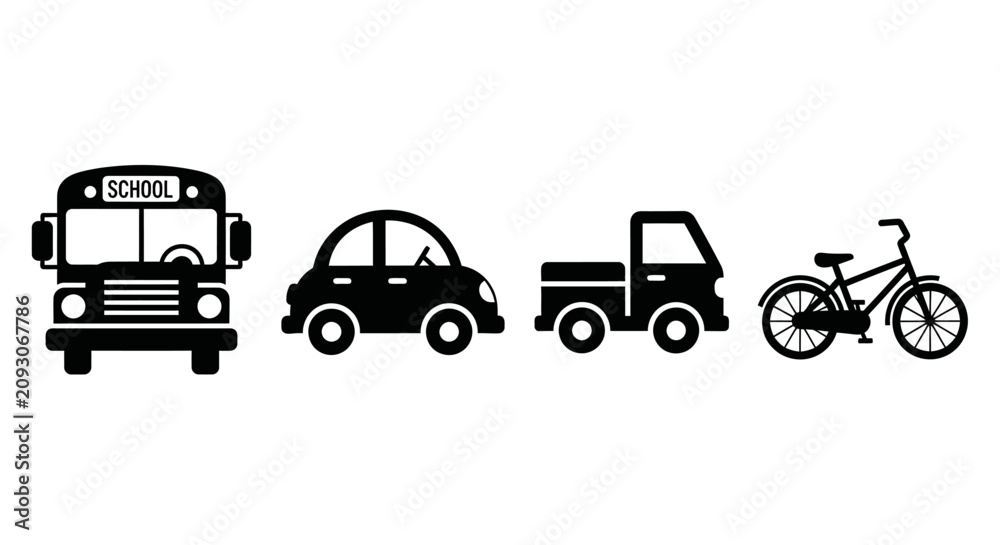 Obraz premium Black silhouettes of school bus car pickup truck with four black vehicle silhouettes white background transportation vehicles bicycle symbols