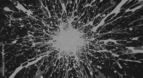 Abstract monochrome background with dynamic white paint splashes on black surface.