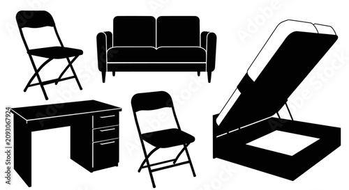 Black silhouettes of furniture on white background with including two folding chairs various furniture pieces bed frame arranged chairs desk sofa