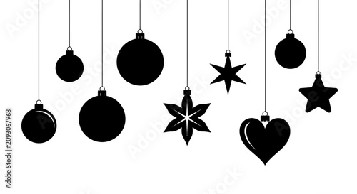 Canvas Print Black christmas ornaments hanging on strings with ornaments including balls agai
