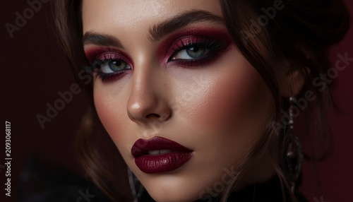 Dramatic Beauty Portrait of a Young Woman with Bold Burgundy Makeup and Smokey Eyes on Dark Background