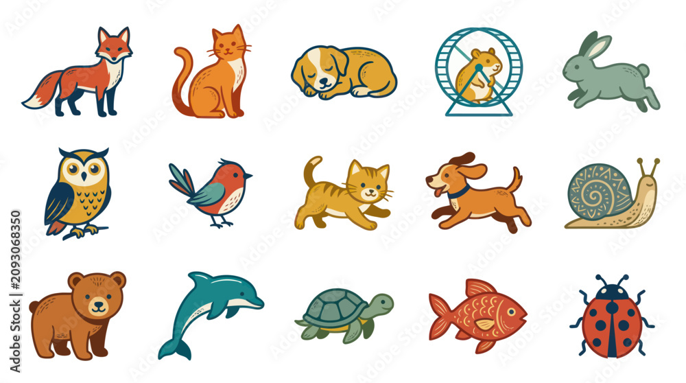 Obraz premium Diverse Cute Animal Characters Flat Vector Illustration Set for Nature, Wildlife, and Pet-Themed Designs