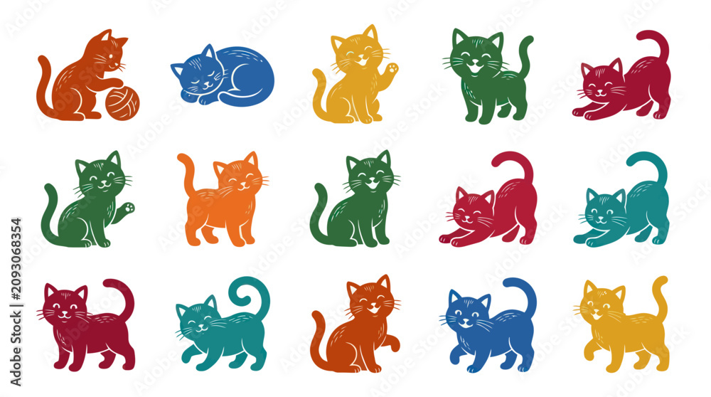 Obraz premium Colorful Cartoon Kittens Vector Set - Cute Animals Art Style