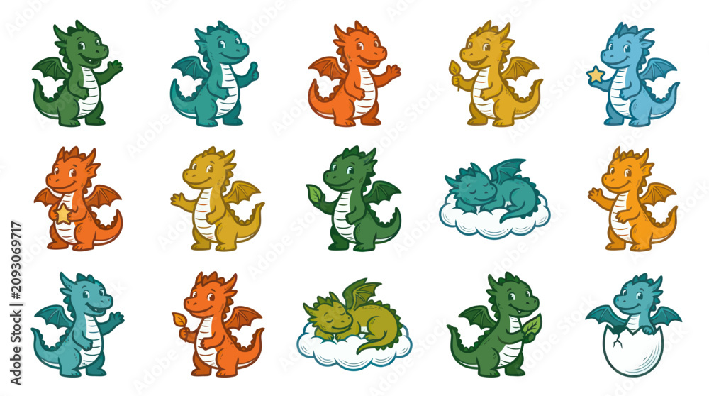 Obraz premium Cute Fantasy Baby Dragons Cartoon Illustration Vector Set for Children's Books, Games, and Mascot Design