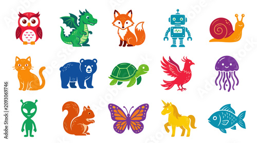 Cute Cartoon Animals, Robot, Unicorn, Jellyfish, Fish, Owl, Dragon, Fox
