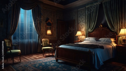Luxury Bedroom at Night: A sumptuously decorated bedroom bathed in the moody blue light of night. Elegant curtains frame a large window, while bedside lamps cast a warm.
