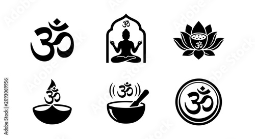 Foto Om Symbol Icons, Meditation Silhouette, Lotus Flower, Spiritual Symbols Vector S