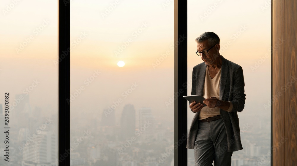 Fototapeta premium Senior Businessman in Modern Office Reading Tablet at Sunrise Over Cityscape