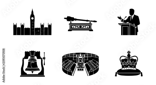 Tableau sur toile British Parliament Icons: Big Ben, Mace, Speaker, Bell, Chamber, Crown