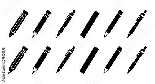 Photos Set of 10 Black Pencil and Pen Icons, Writing Tools Vector Graphics, Stationery
