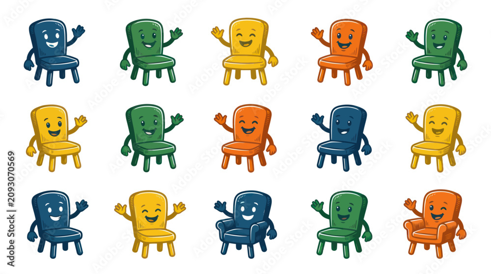 Obraz premium Happy Cartoon Chair Characters Flat Vector Illustration Set for Kids Furniture and Early Childhood Education