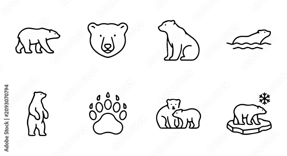 Fototapeta premium Polar Bear Icons Set, Arctic Wildlife Vector Graphics, Cute Animal Illustrations, Nature Elements
