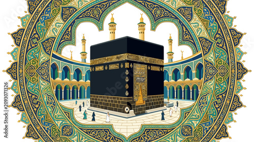 Foto Sacred Kaaba illustration with intricate Islamic patterns, representing pilgrimage to Mecca