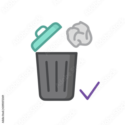 Trash can with crumpled paper and check mark