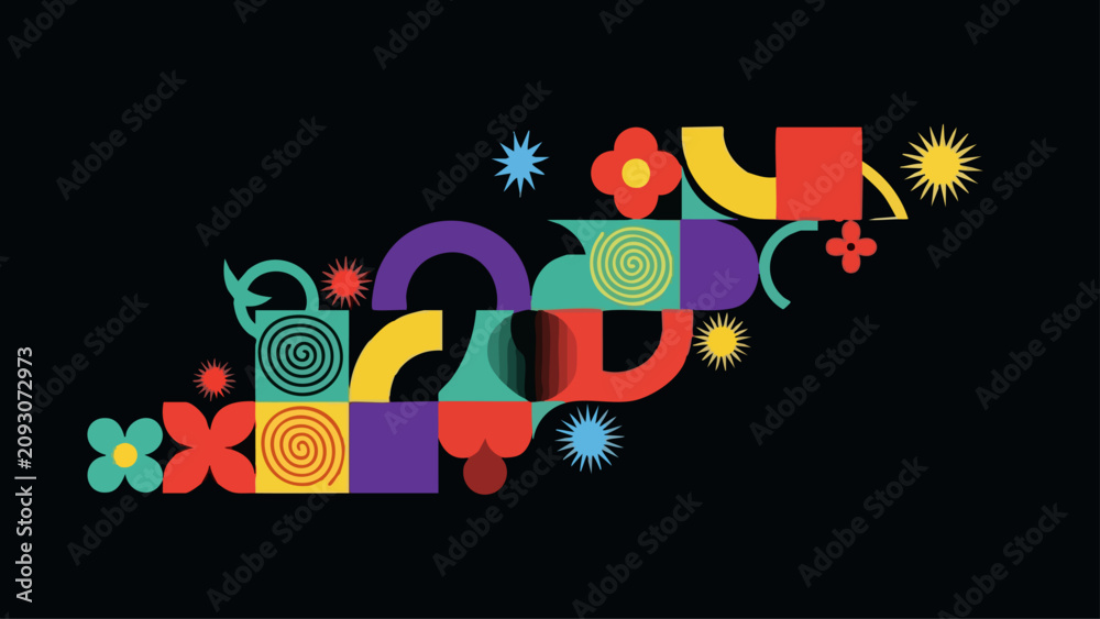Fototapeta premium Abstract geometric pattern with colorful shapes and symbols.