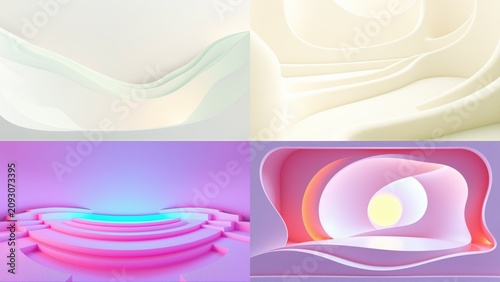 Abstract backgrounds, soft curves, pastel colors. Smooth gradients create flowing shapes, modern design elements. Minimalist aesthetic.