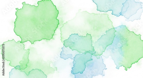 Abstract watercolor background with soft green and blue paint splashes on white.