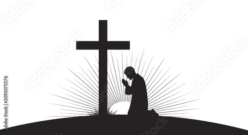 Bild auf Leinwand Silhouette of a person kneeling in prayer before a cross with sun rays shining d
