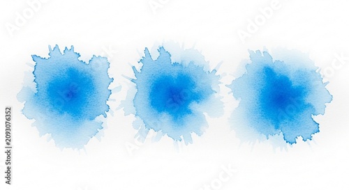 Three vibrant blue watercolor paint splashes on a clean white background.