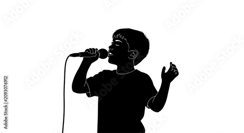 Fotografía Silhouette of a young boy singing into a microphone.
