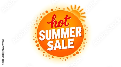 Vibrant hot summer sale banner with sunburst design. Bright orange and red discount promotion graphic for retail. Eye-catching seasonal marketing t...