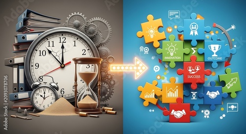 Time Management to Teamwork: Clock, hourglass, gears transform into colorful puzzle pieces with icons representing success