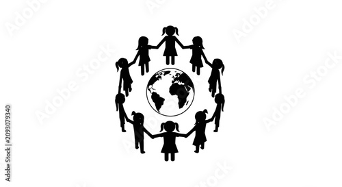 Quadro su tela Group of children holding hands in a circle around the globe.