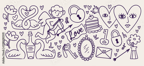 фотографія Valentines day romantic doodle background, love message line art pattern, weddin