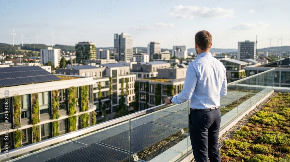 Fototapeta premium Businessman standing on a rooftop terrace with glass railing looking out at a modern sustainable city skyline featuring solar panels and vertical gardens
