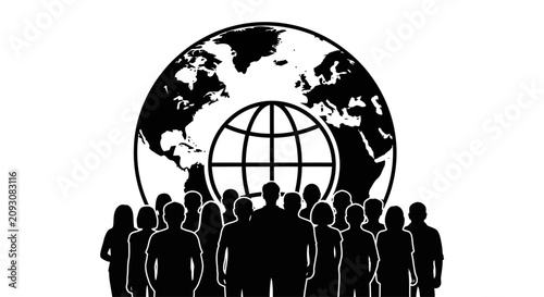 Canvas Print Silhouette of a diverse group of people standing together in front of a world globe icon