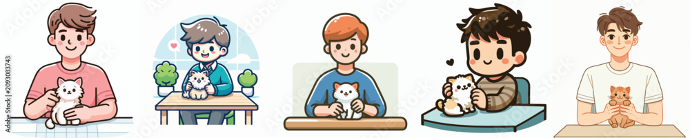 Obraz premium Cute cartoon boys with pets set, student with cat and dog, daily life vector illustration
