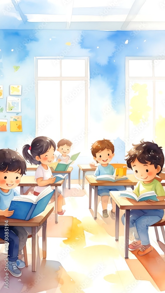 Obraz premium Group of Happy Diverse School Children Reading Books in Classroom.