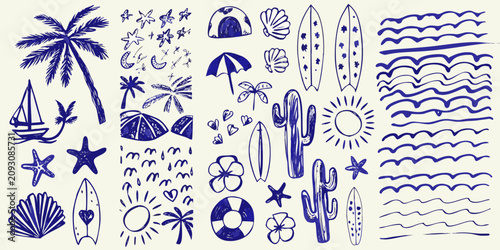 Canvas Print hand drawn blue summer beach doodles on white background palm tree starfish shel