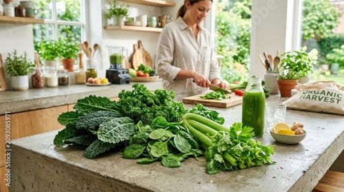 Woman preparing healthy green smoothie in kitchen