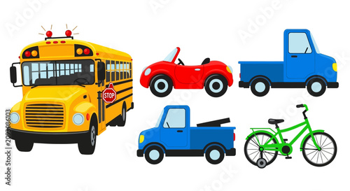 Obraz na płótnie Colorful cartoon vehicles on white background with vehicles including yellow con