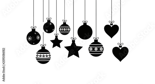 Black christmas ornaments and stars hanging on strings with strings white background decorations holiday festive symbols hearts winter with icons