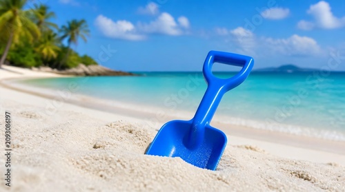 Blue toy shovel stuck in fine white sand with tropical beach background