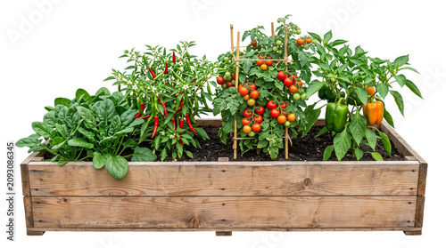 Raised garden bed with vegetables isolated on white, wooden planter box with tomatoes and peppers, organic home gardening vegetable patch