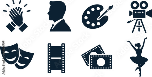 Foto Art Culture Icon in line, filled, outline, and solid styles featuring comedy masks, soundboard, ticket star, dancing figure, portrait profile, and gallery frame symbols