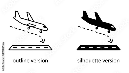 Fotografie Airplane Landing Icons: A set of two icons depicting an airplane descending towards a runway, with one icon in outline style and the other in silhouette, symbolizing aviation and travel