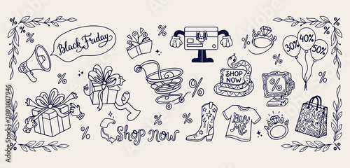 Photos Shopping sale discount event, hand drawn retail store wallpaper, black friday co