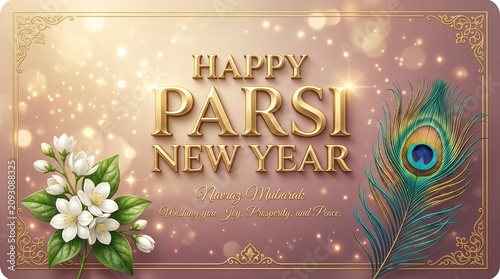 Happy Parsi New Year Vector Greeting Card Template with Elegant Golden Text, Peacock Feather, Jasmine Flowers, and Navroz Mubarak Wishes Background